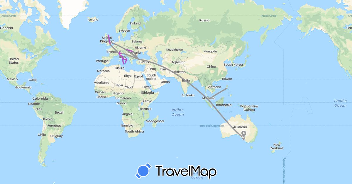 TravelMap itinerary: driving, plane, train, boat in Austria, Australia, Switzerland, United Kingdom, Hungary, Italy, Malaysia, Philippines, Romania, Turkey (Asia, Europe, Oceania)